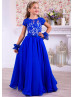 Short Sleeves Royal Blue Lace Chiffon Curly Hem Flower Girl Dress